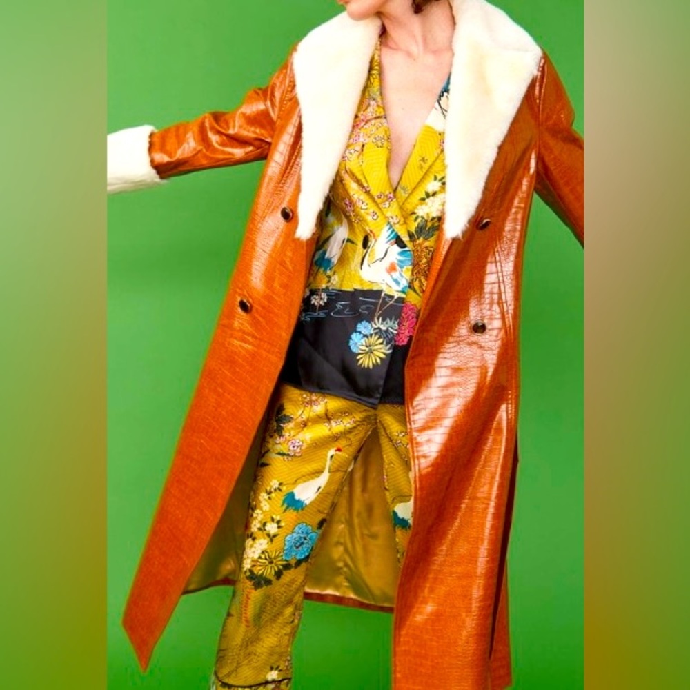 JAYLEY Faux Leather Maxi Coat with Fur Cuffs and Collar